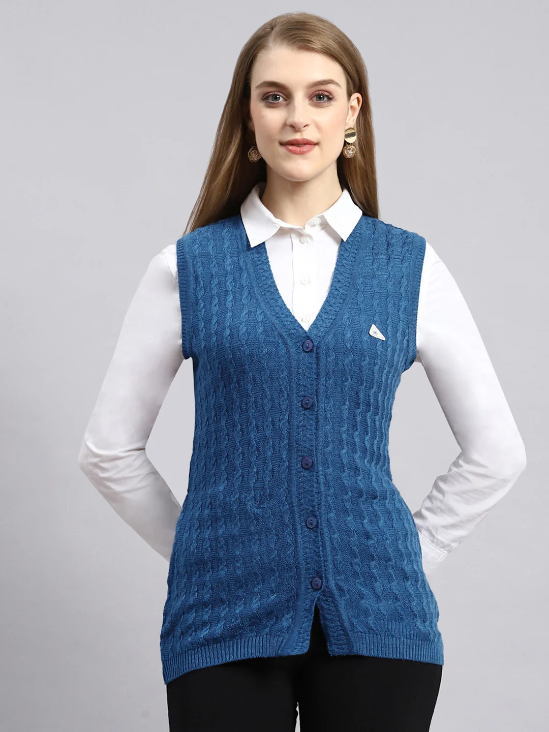 Women Navy Blue Self Cardigan