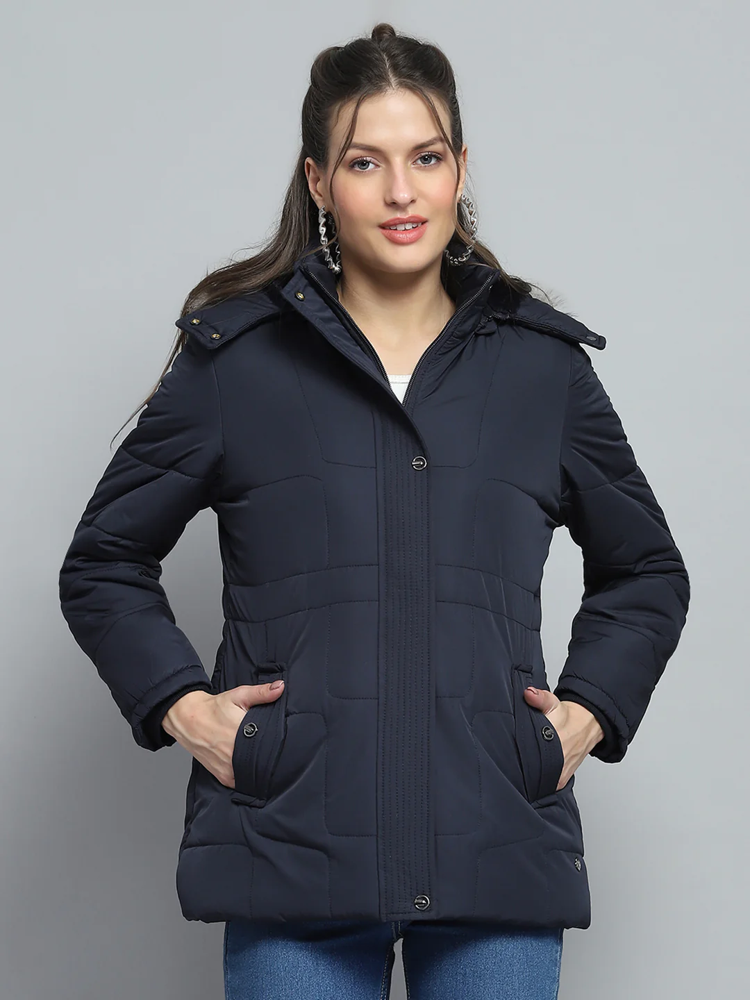 Women Navy Blue Self Design Detachable Hood Full Sleeve Jacket