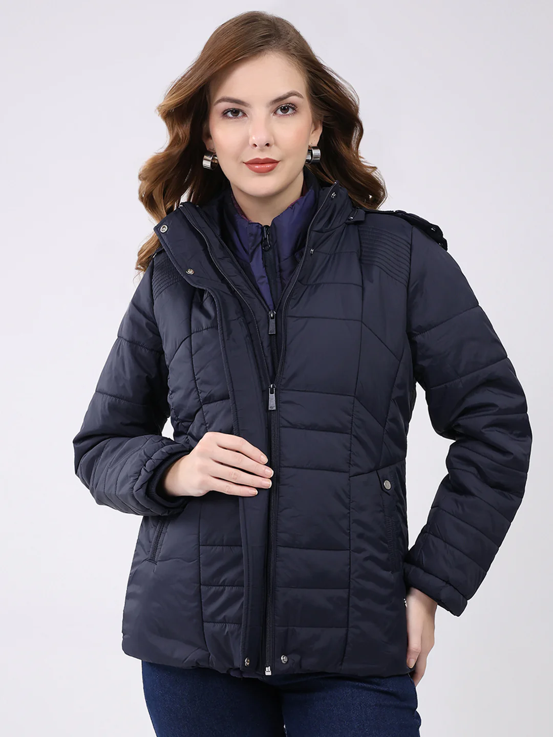 Women Navy Blue Self Design Hooded Jacket Set (1 Full & 1 Half Sleeve Reversible)