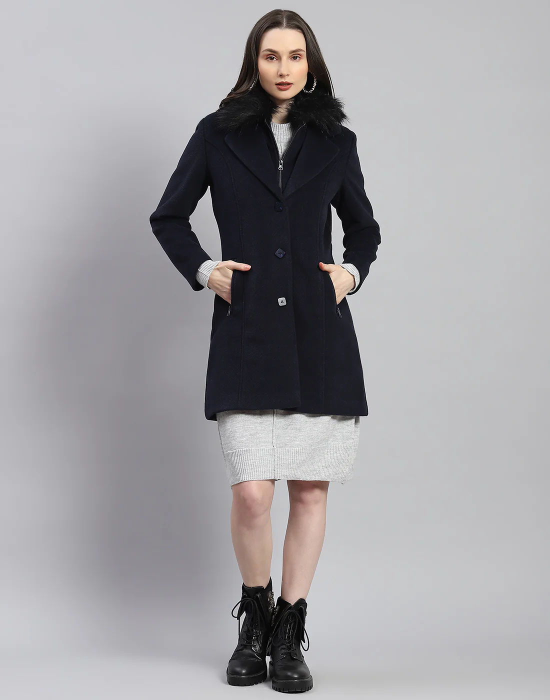 Women Navy Blue Self Design Lapel Collar Full Sleeve Coat - Image 2