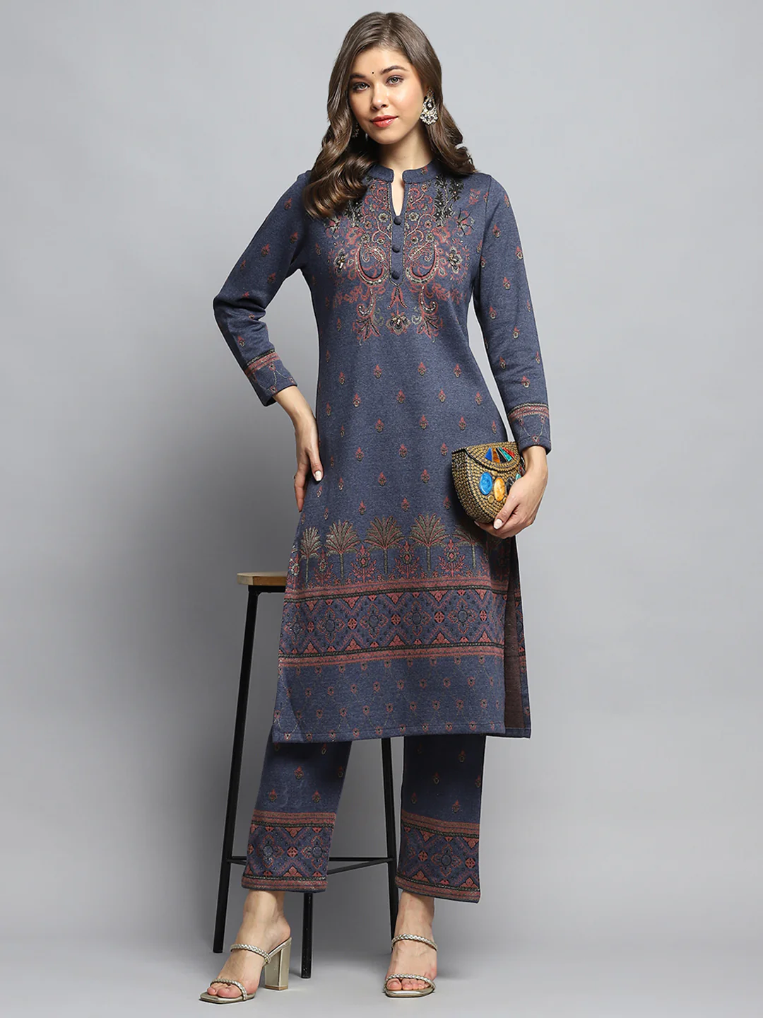 Women Navy Blue Self Design Mandarin Collar Full Sleeve Kurti Set - Image 2