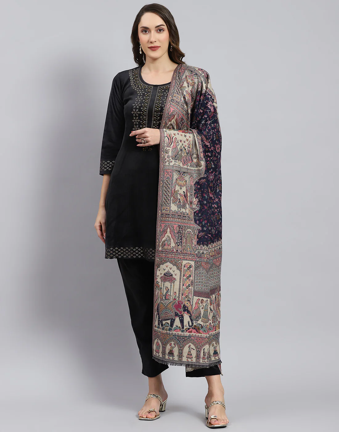 Women Navy Blue Self Design Shawl - Image 2