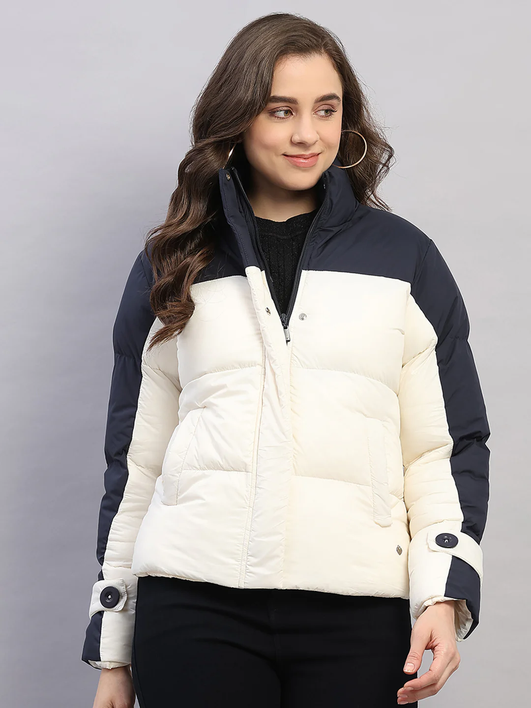 Women Navy Blue Solid Collar Full Sleeve Jacket
