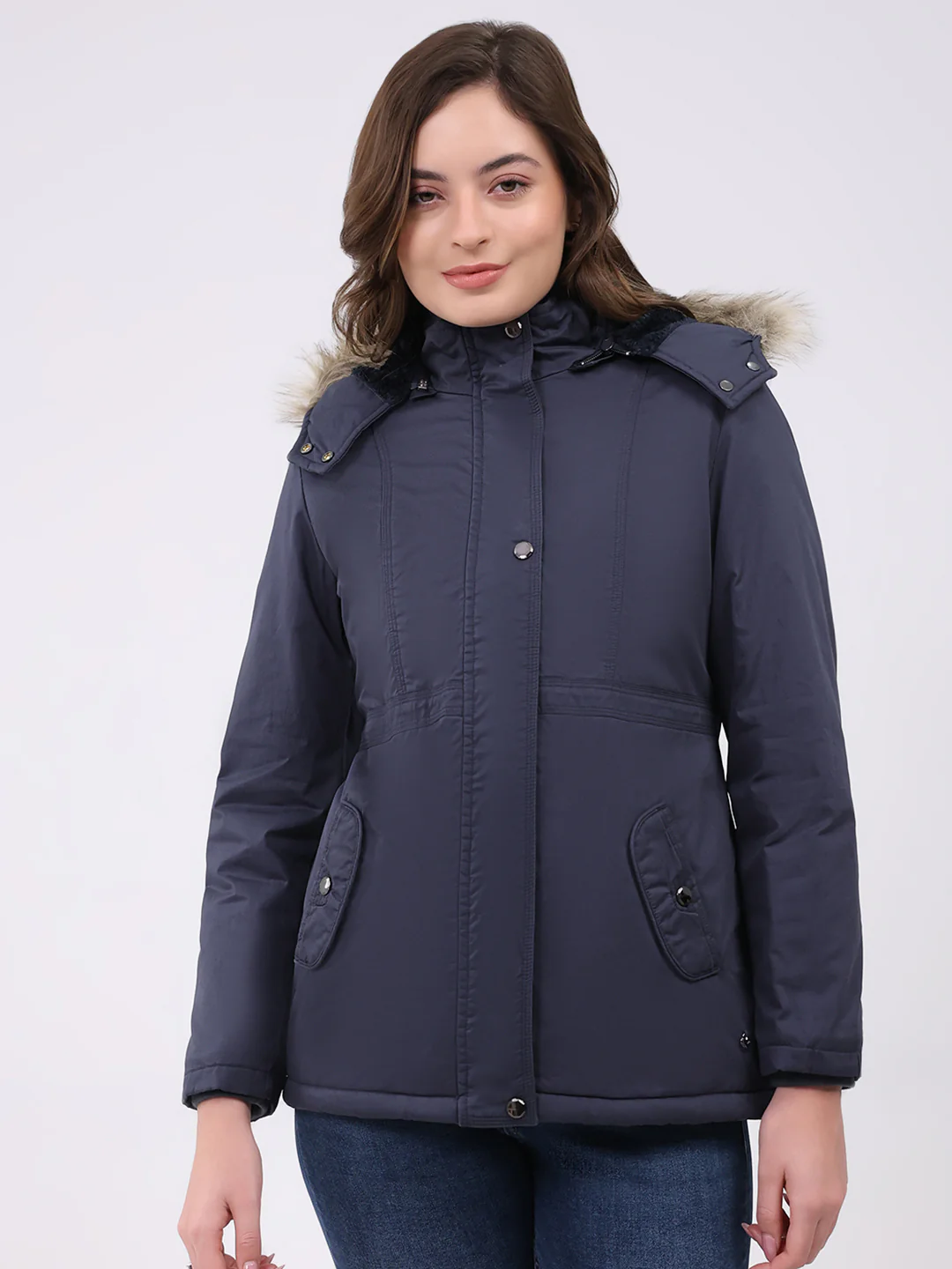 Women Navy Blue Solid Hooded Full Sleeve Jacket