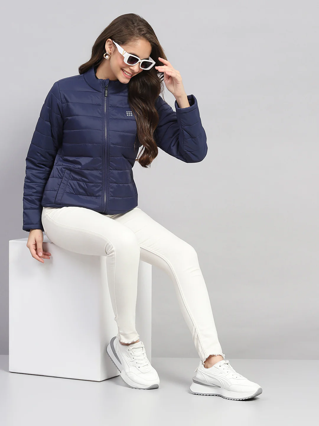 Rock.it Women Navy Blue Solid Mock Neck Full Sleeve Jacket