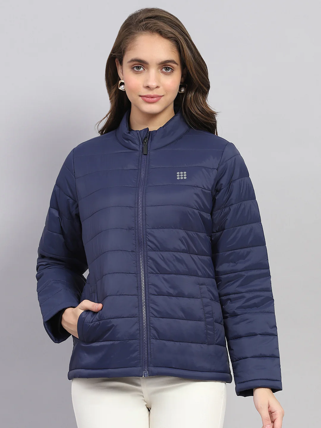 Rock.it Women Navy Blue Solid Mock Neck Full Sleeve Jacket - Image 2