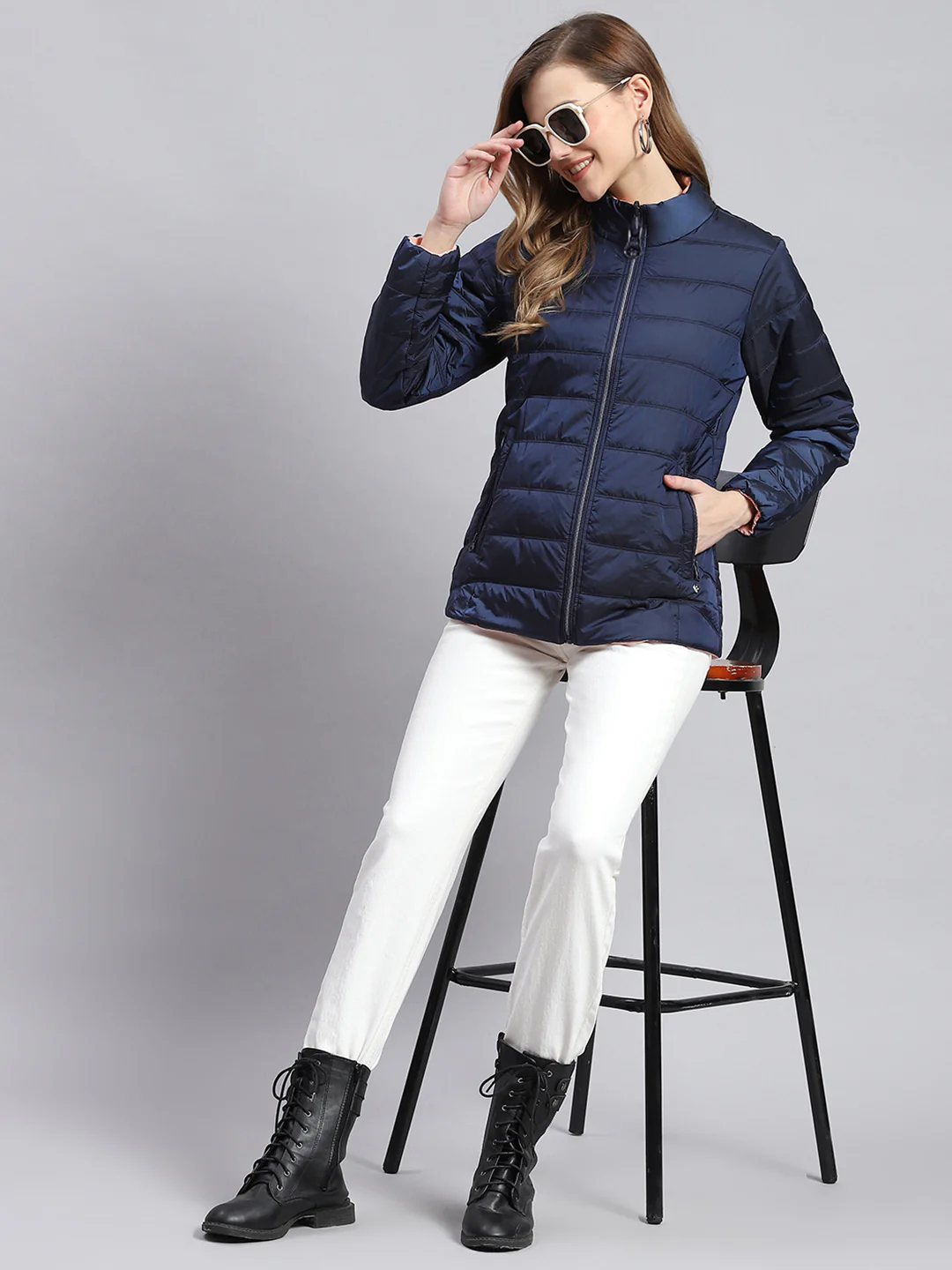Women Navy Blue Solid Stand Collar Full Sleeve Jackets