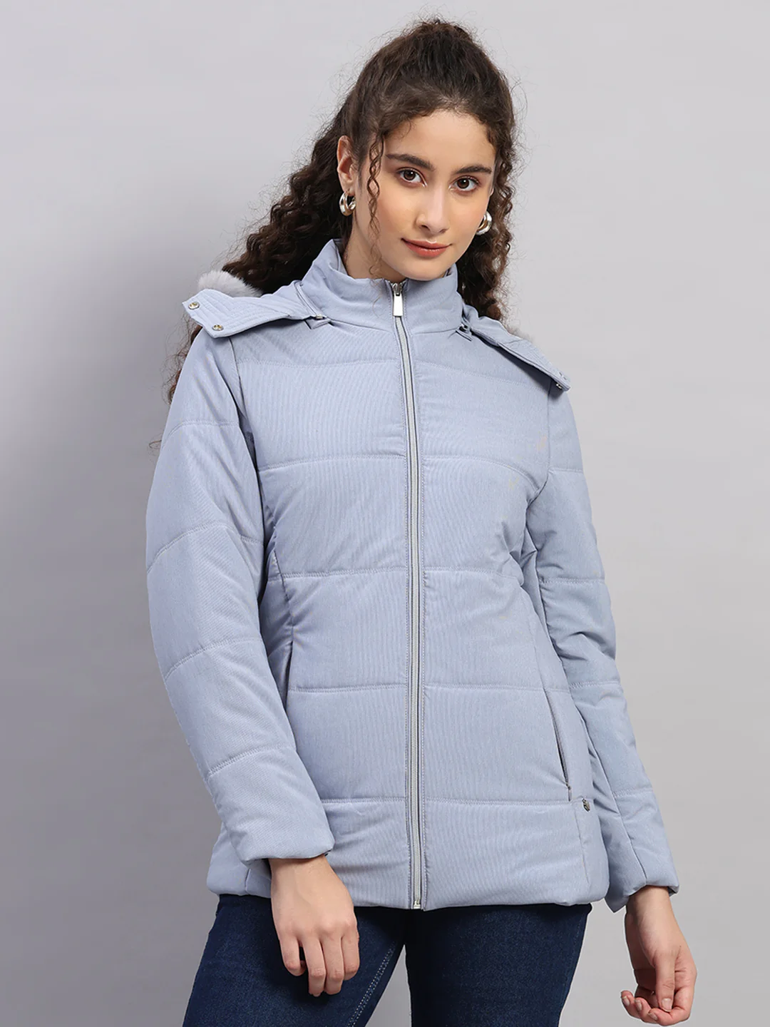 Women Navy Blue Stripe Hooded Full Sleeve Jacket