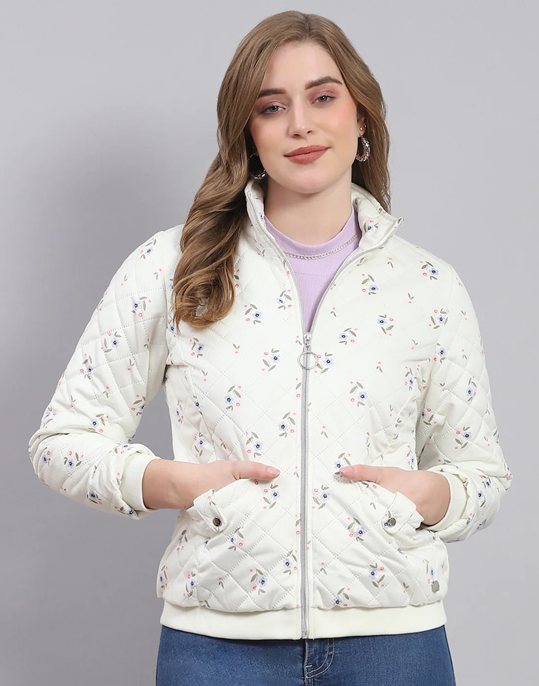 Women Off White Printed Stand Collar Full Sleeve Jacket