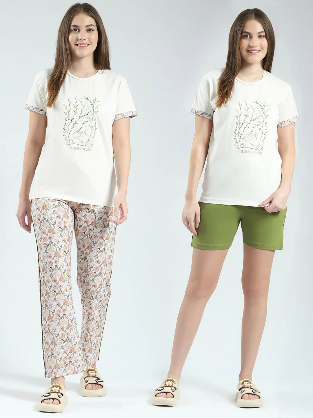 Women Off White Printed Round Neck Half Sleeve Combo 3Pc Set (T-Shirt, Shorts & Lower)