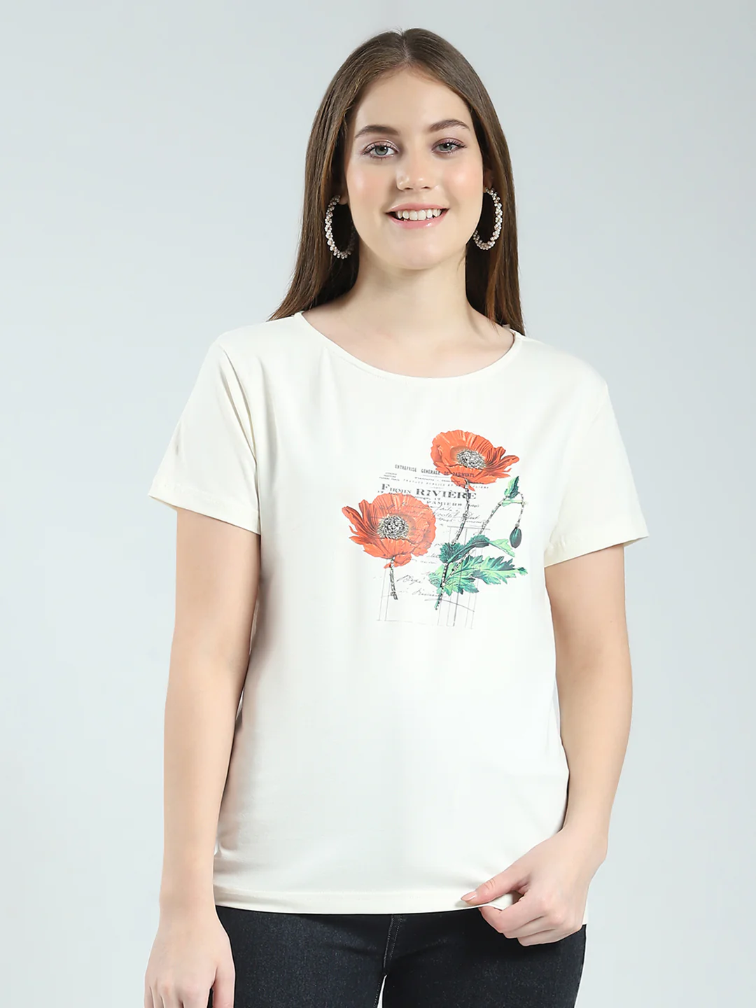 Women Off White Printed Round Neck Half Sleeve Top