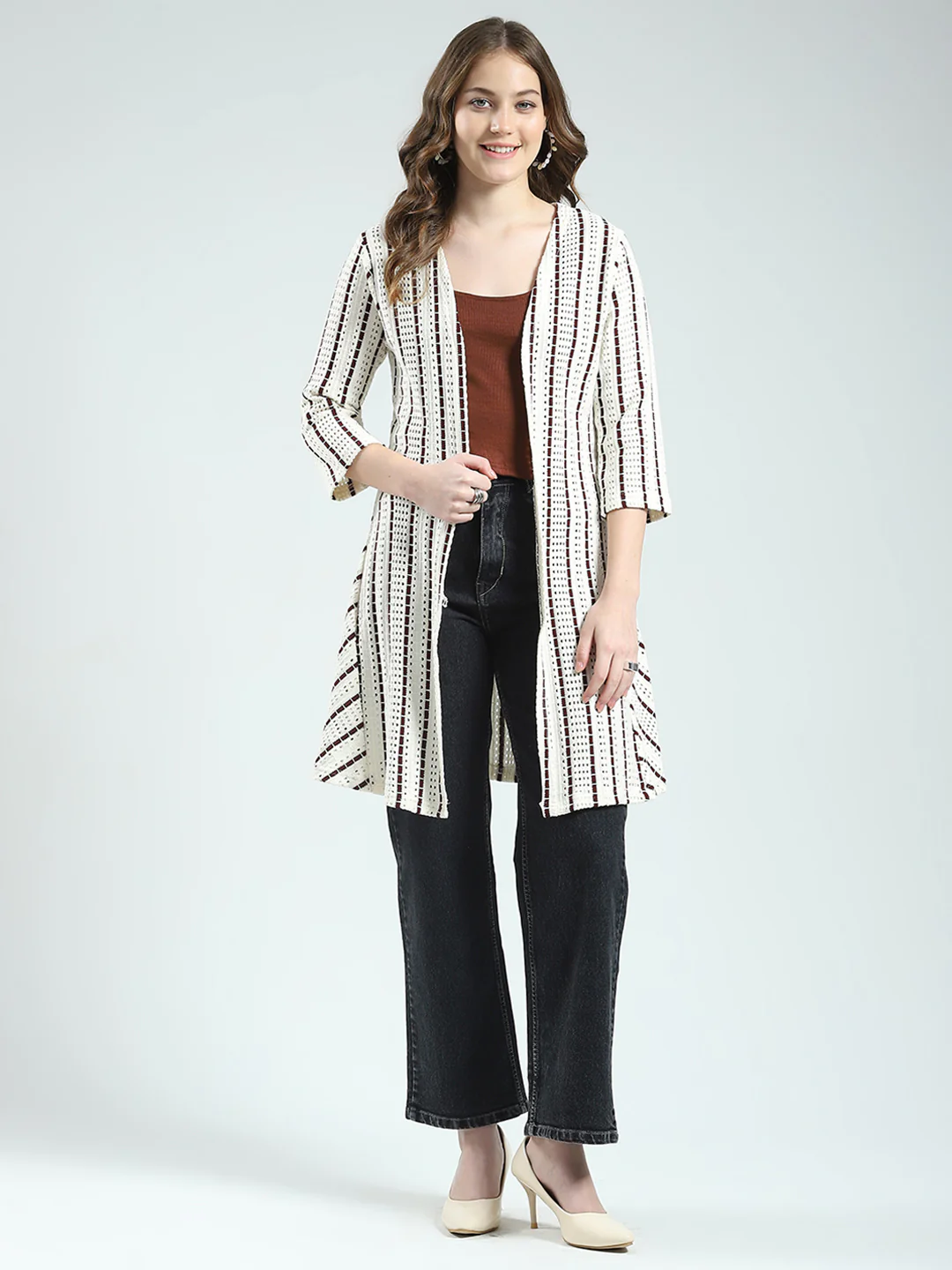 Women Off White Self Design Front Open 3/4th Sleeve Shrug