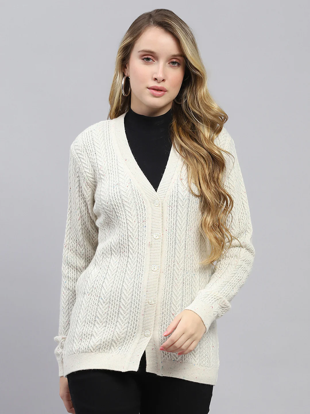 Women Off White Self Design V Neck Full Sleeve Cardigan