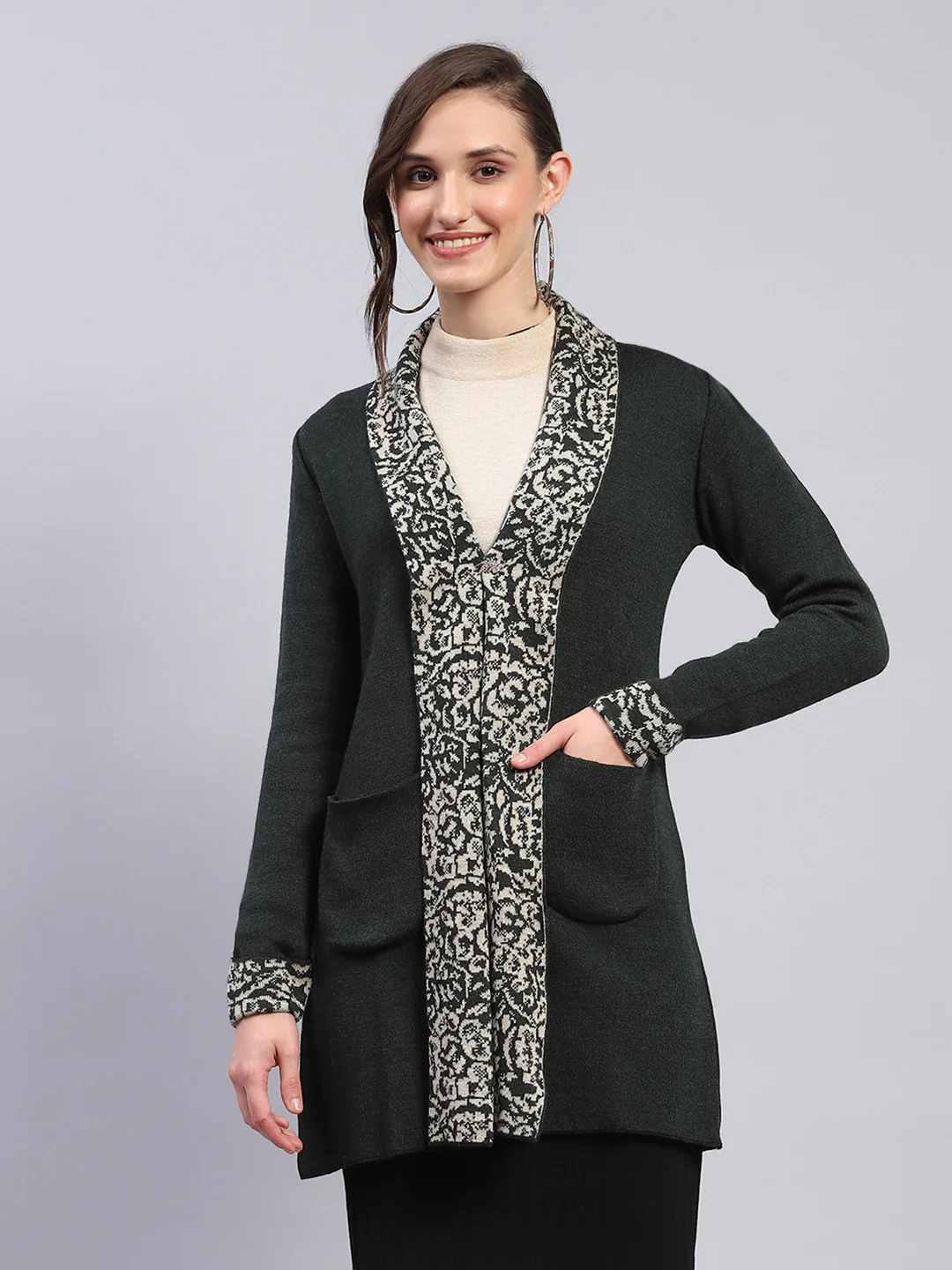 Women Olive Printed Notch Lapel Collar Full Sleeve Cardigan