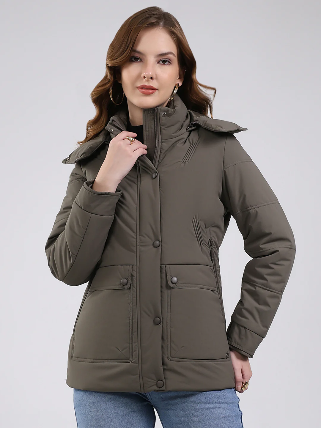 Women Olive Solid Hooded Full Sleeve Jacket