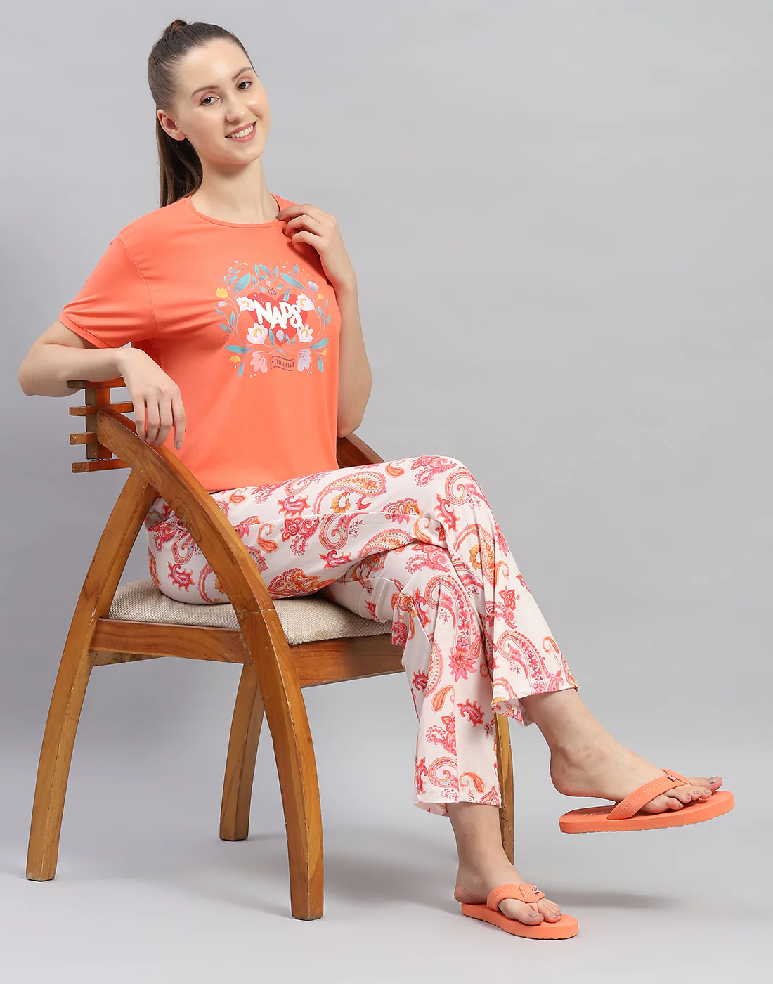 Women Orange Printed Round Neck Half Sleeve Lower Set