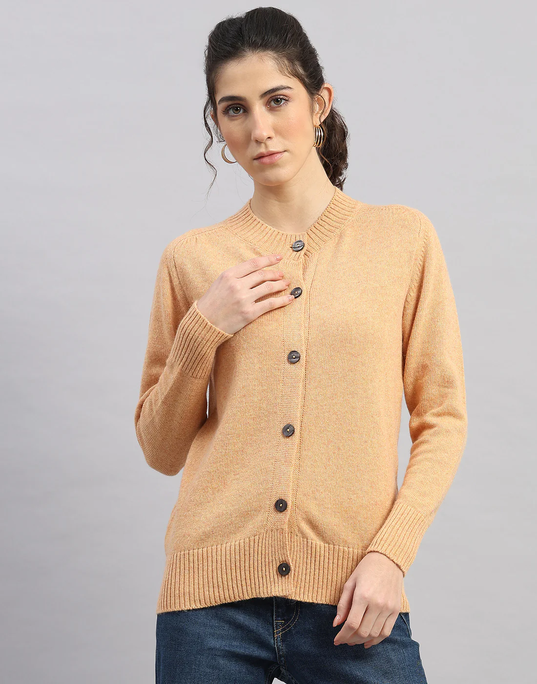 Women Orange Solid Round Neck Full Sleeve Cardigan