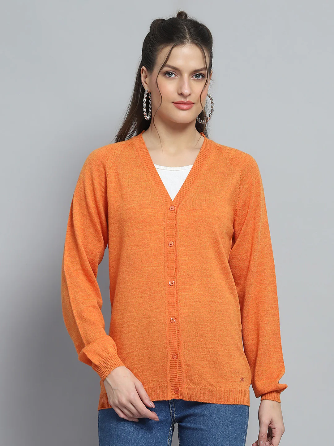 Women Orange Solid V Neck Full Sleeve Cardigan