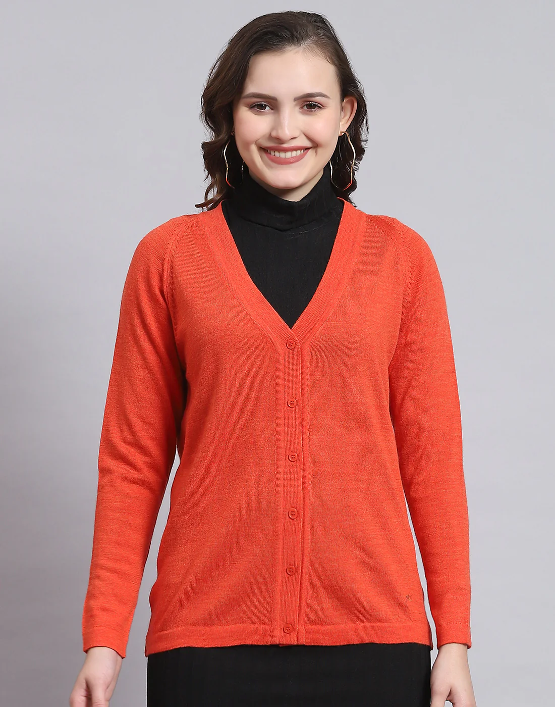 Women Orange Solid V Neck Full Sleeve Sweater