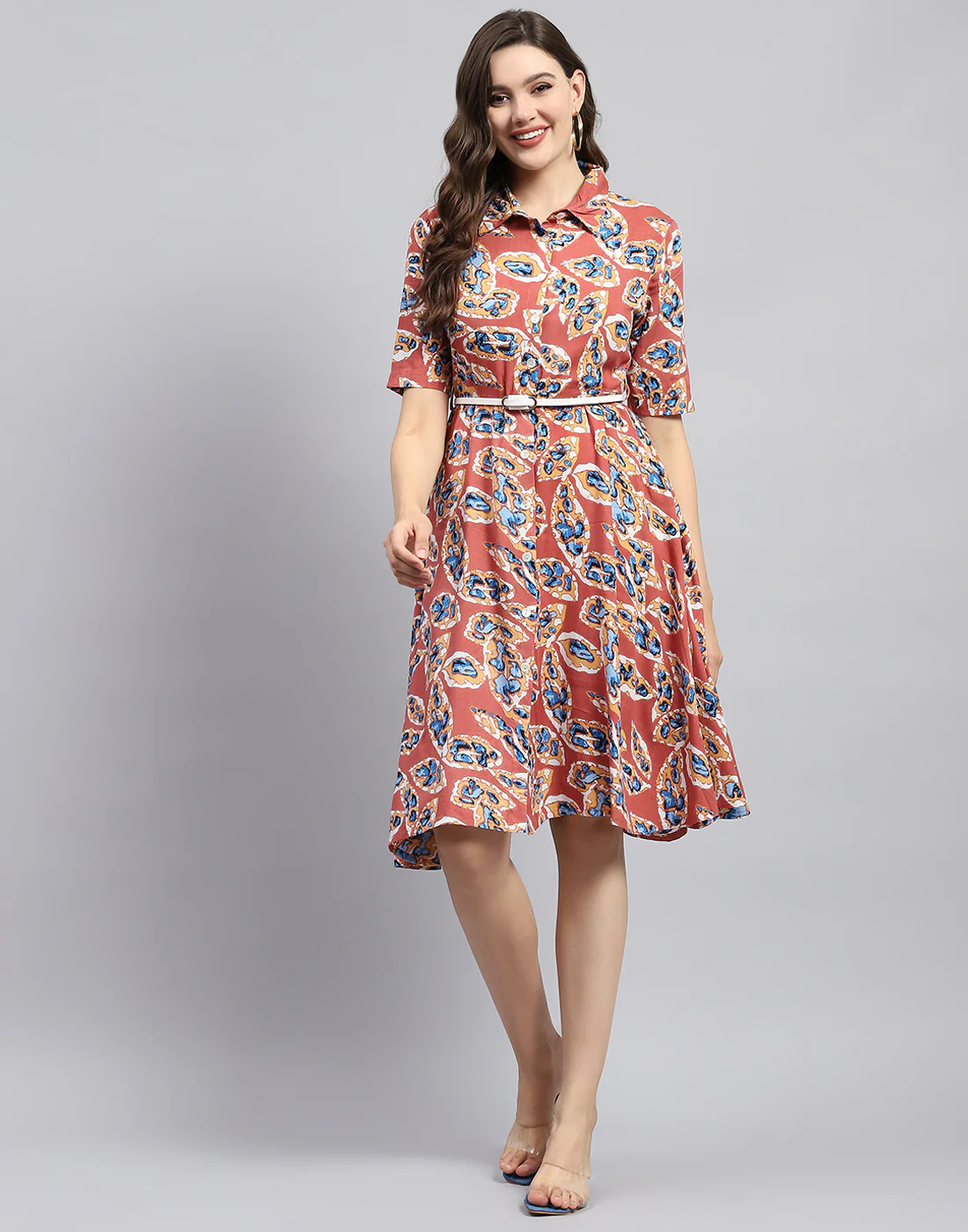 Women Peach Printed Collar Half Sleeve Dress - Image 3
