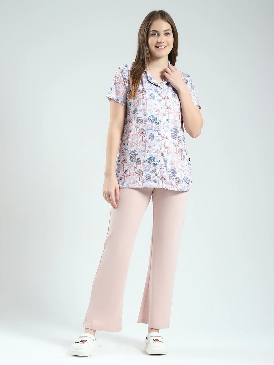 Women Peach Printed Collar Half Sleeve Lower Set