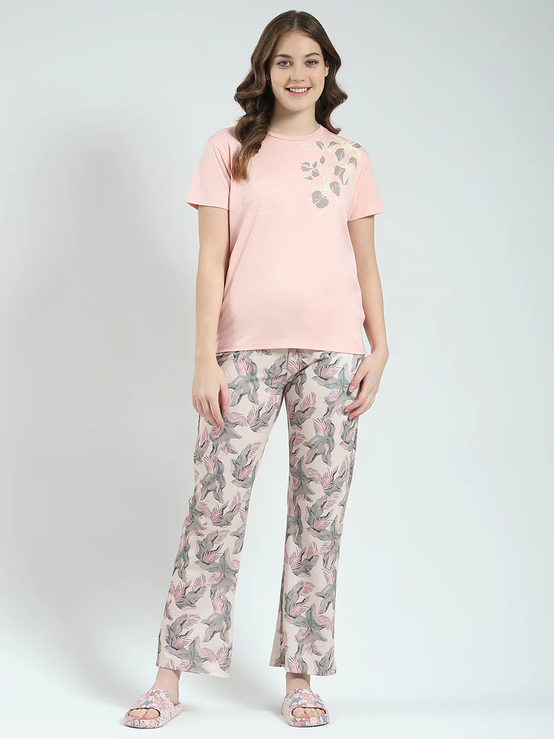 Women Peach Printed Round Neck Half Sleeve Lower Set