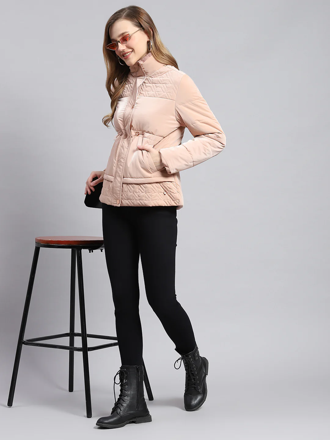 Women Peach Solid Stand Collar Full Sleeve Jackets