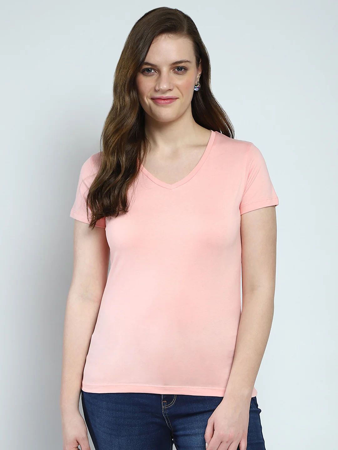 Women Peach Solid V Neck Half Sleeve Top
