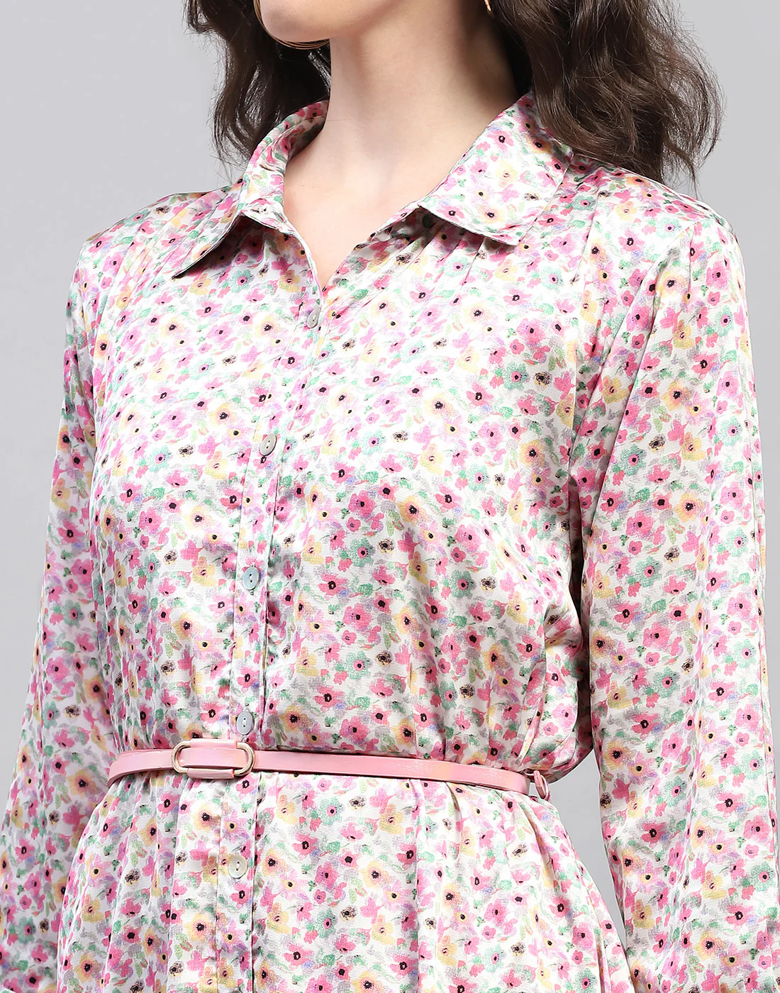 Women Pink Floral Print V Neck 3/4 Sleeve Dress - Image 2