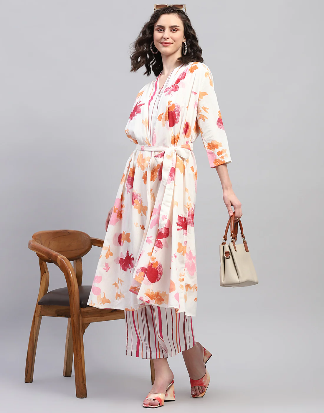 Women Pink & Orange Printed V Neck 3/4 Sleeve Combo 3Pc Set