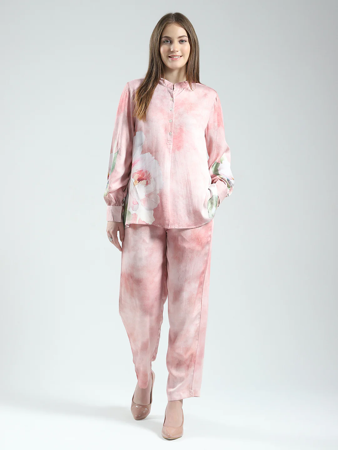 Women Pink Printed Band Neck Full Sleeve Cords Set