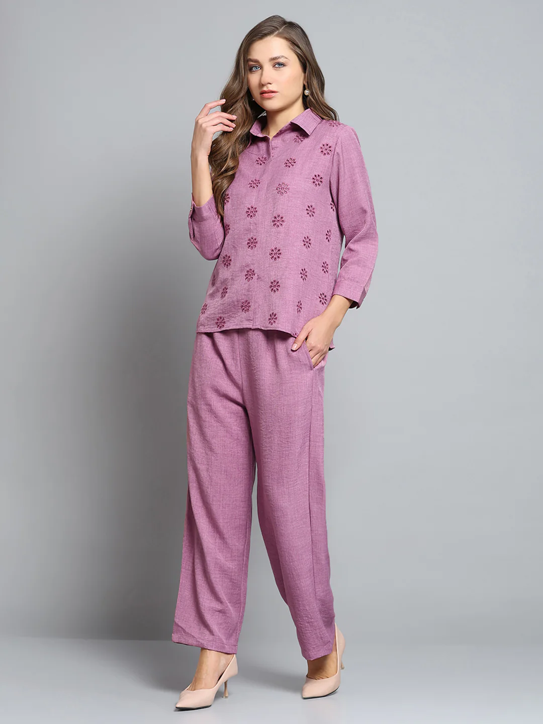 Women Pink Self Design Collar 3/4th Sleeve Cords Set - Image 3