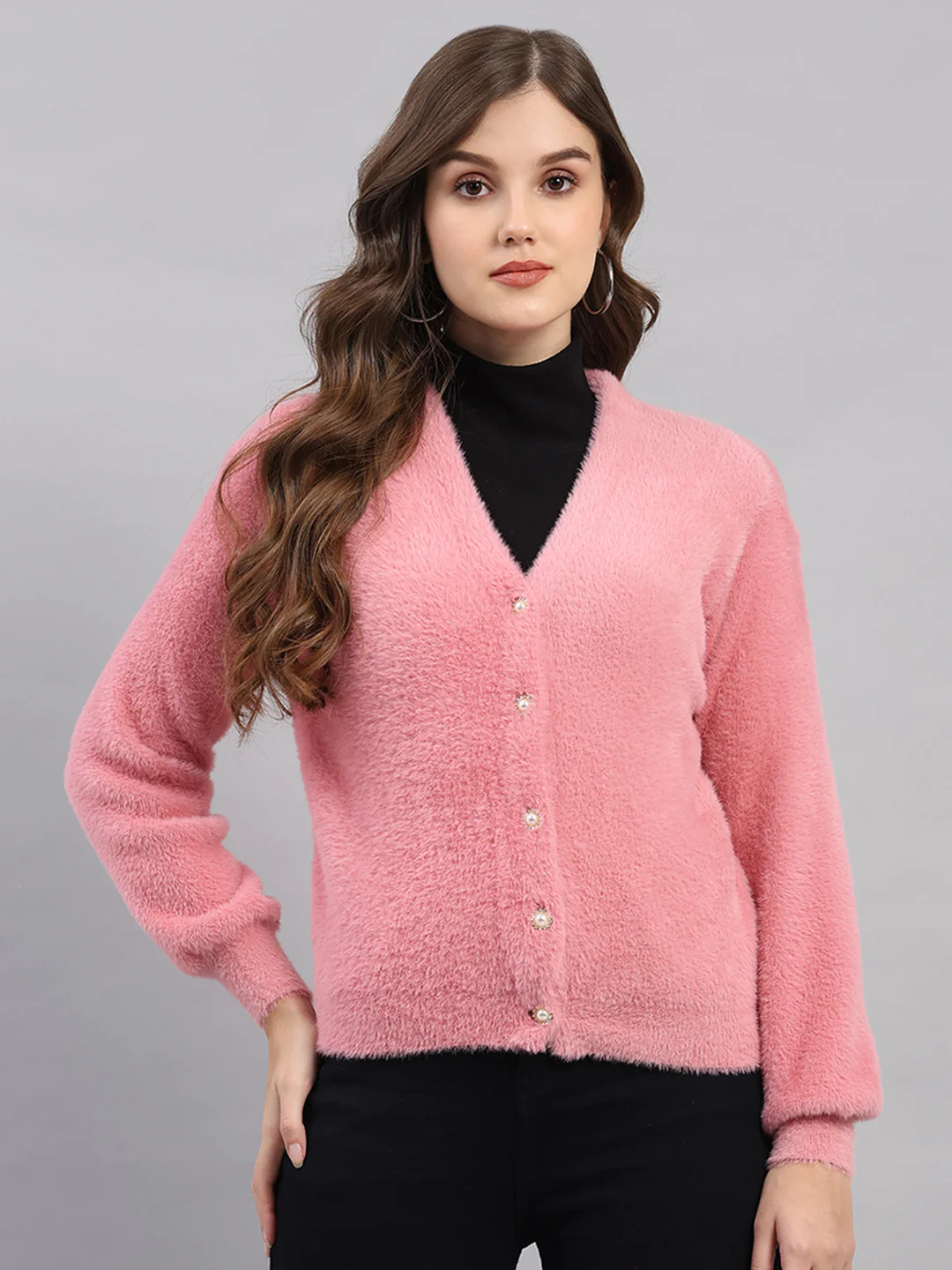 Women Pink Self Design V Neck Full Sleeve Cardigan