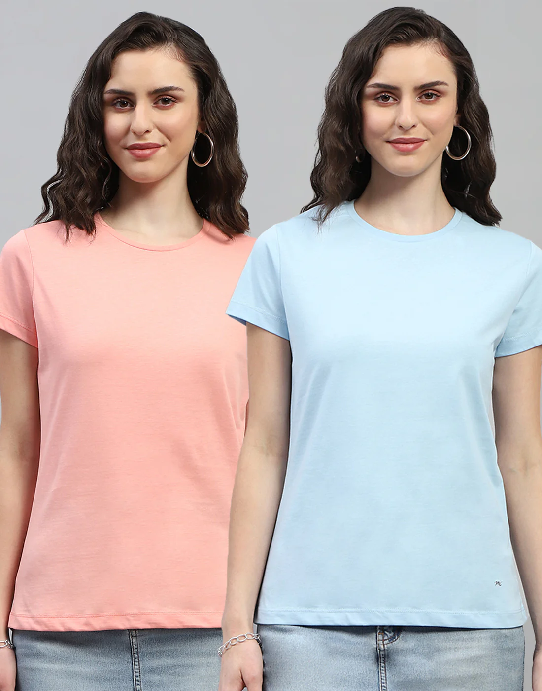 Women Pink & Sky Blue Solid Round Neck Half Sleeve Top (Pack of 2)