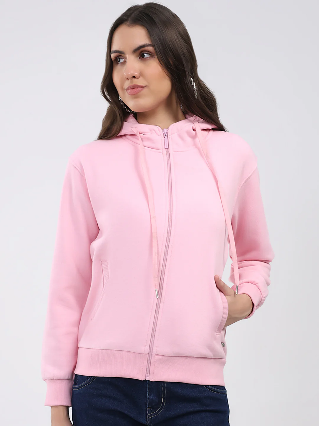 Women Pink Solid Hooded Full Sleeve Sweatshirt