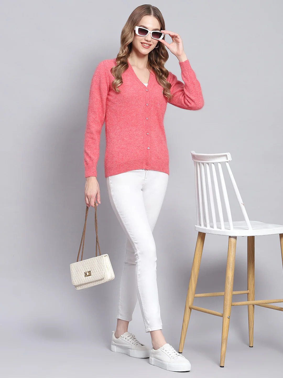 Women Pink Solid V Neck Full Sleeve Cardigans