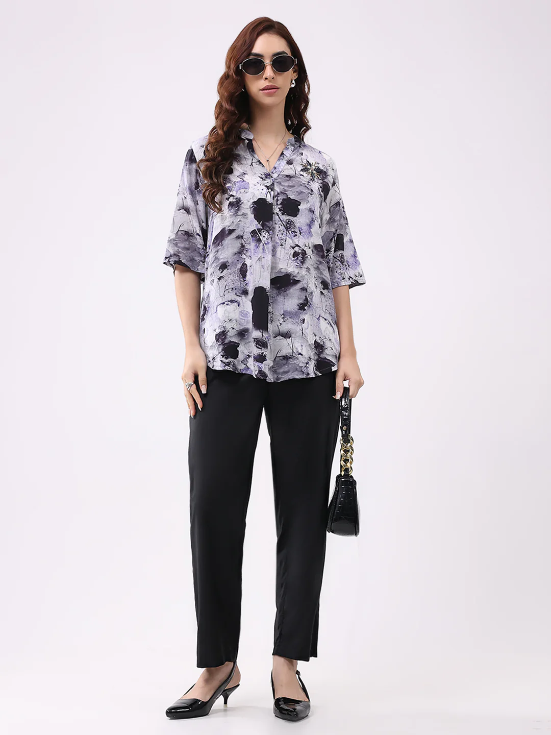 Women Purple Printed Band Neck 3/4th Sleeve Cords Set - Image 2