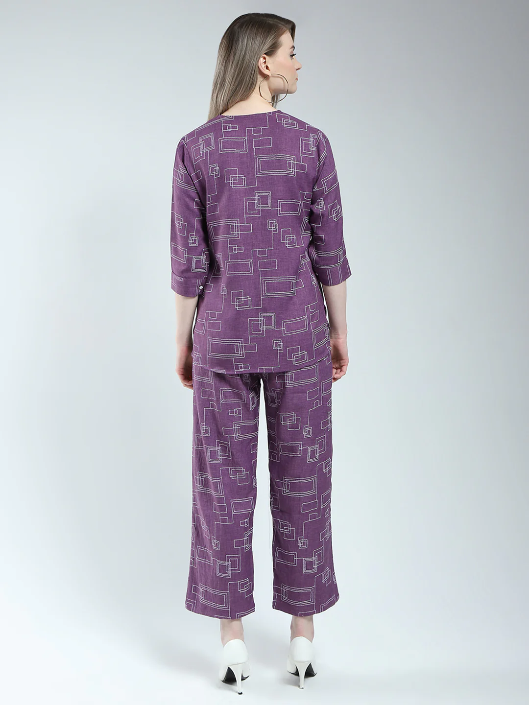 Women Purple Printed Round Neck 3/4th Sleeve Cords Set - Image 5