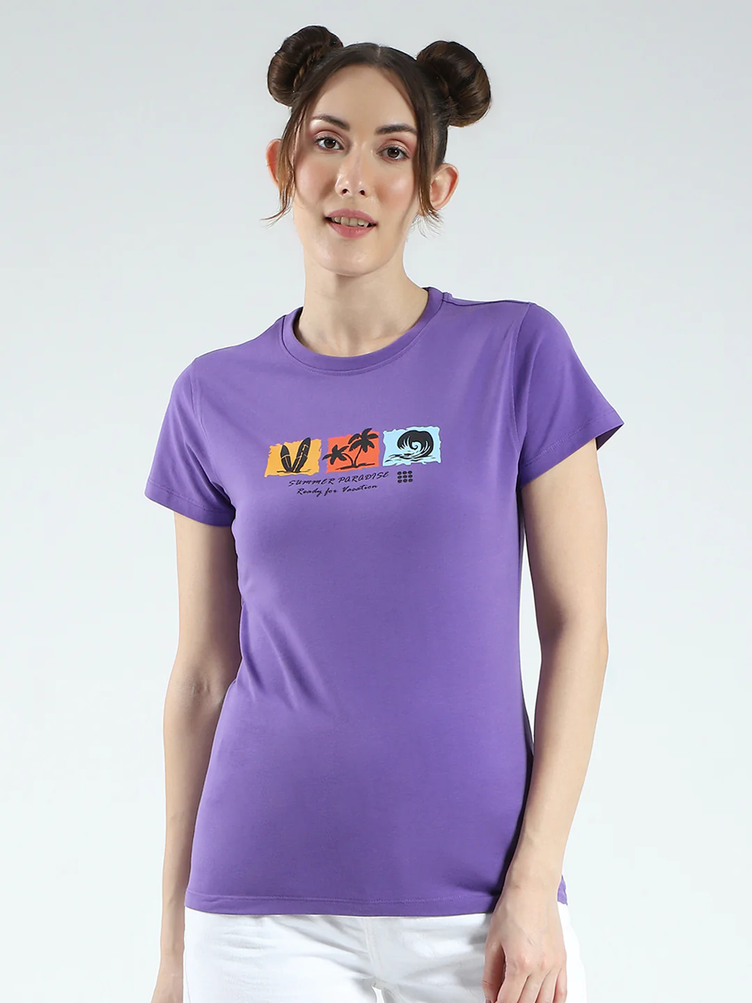 Rock.it Women Purple Printed Round Neck Half Sleeve Top