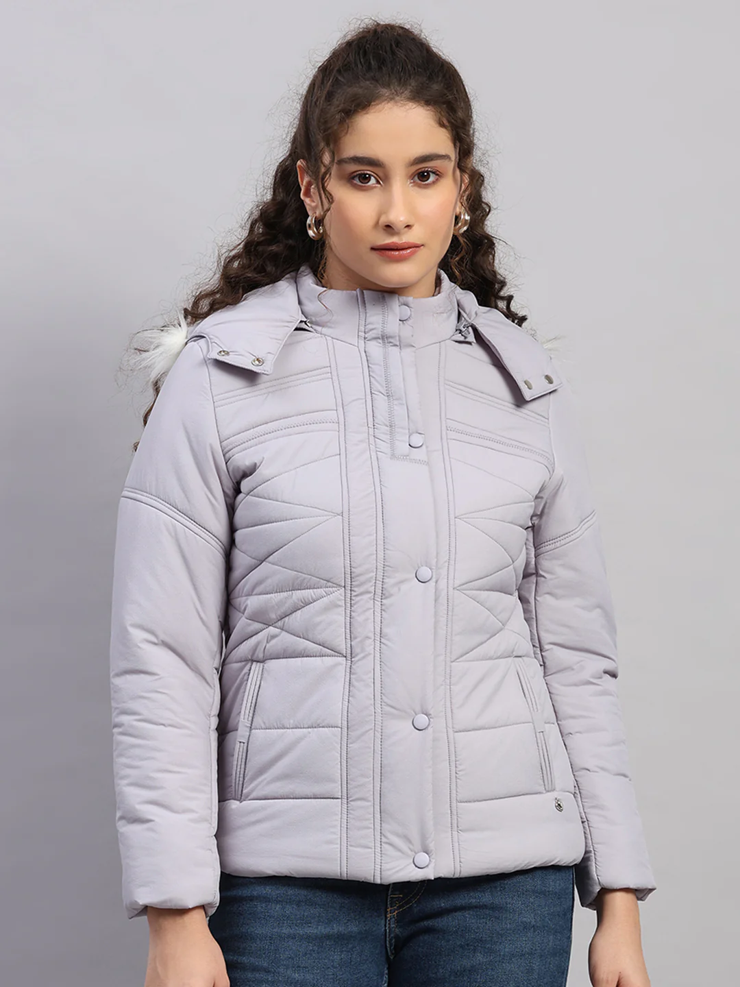 Women Purple Self Design Hooded Full Sleeve Jacket