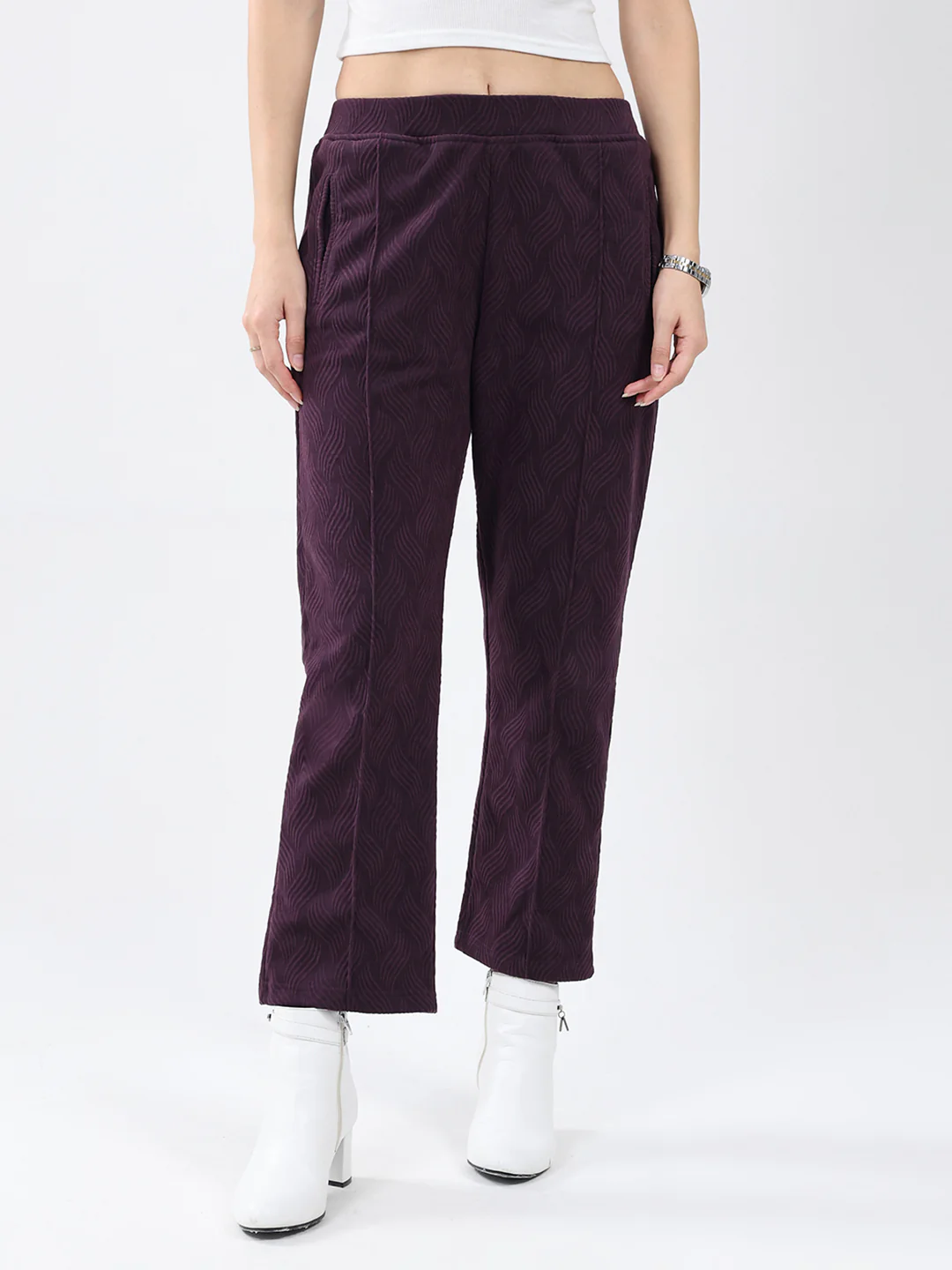 Women Purple Self Design Regular Fit Winter Lower
