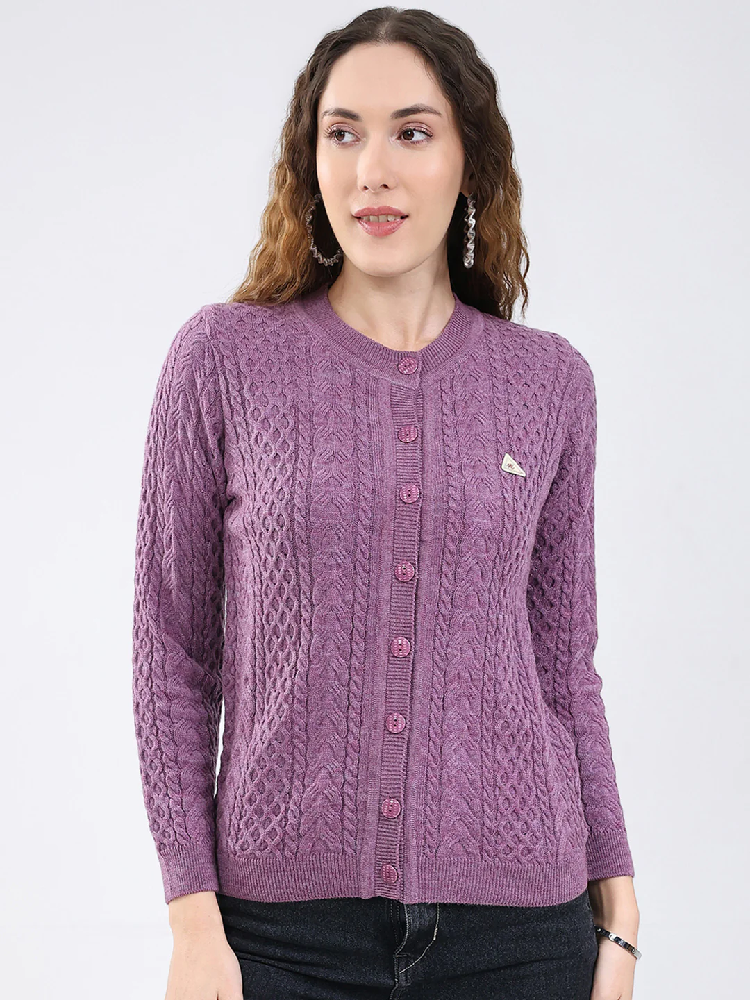 Women Purple Self Design Round Neck Full Sleeve Cardigan