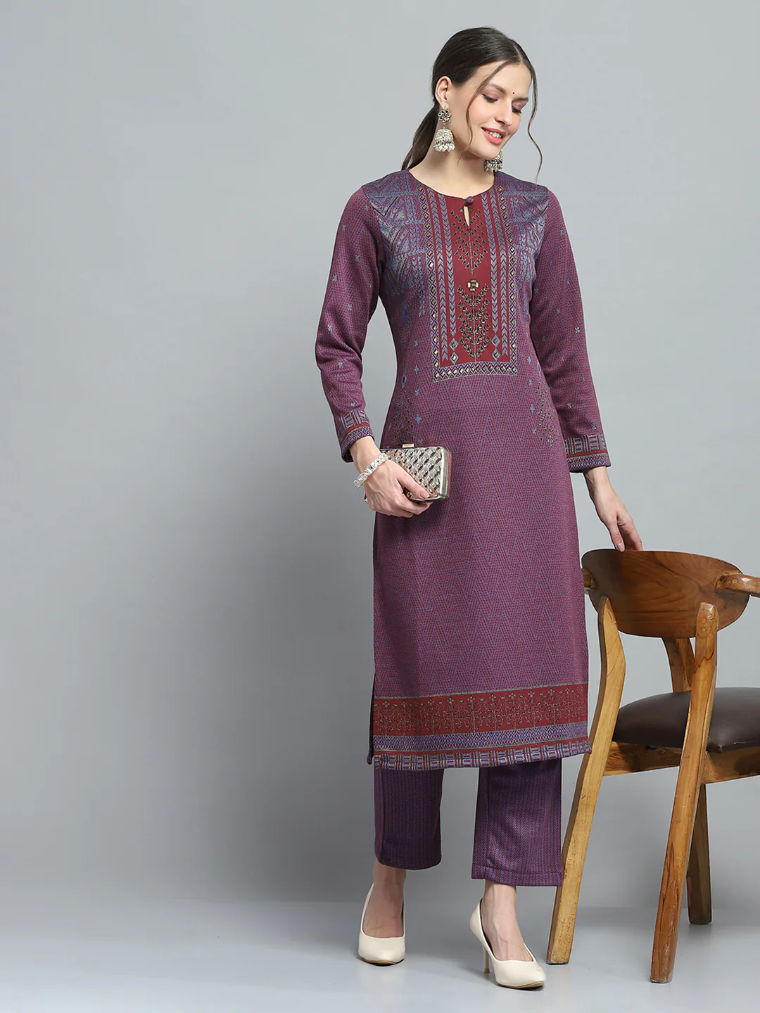 Women Purple Self Design Round Neck Full Sleeve Kurti Set for Winter - Image 2