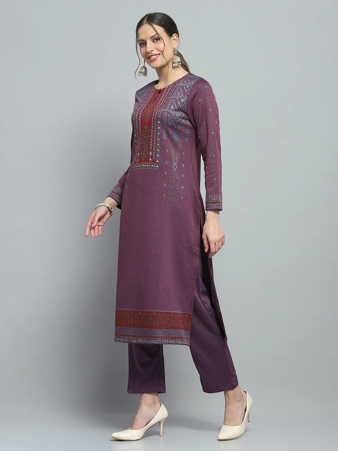 Women Purple Self Design Round Neck Full Sleeve Kurti Set for Winter - Image 3