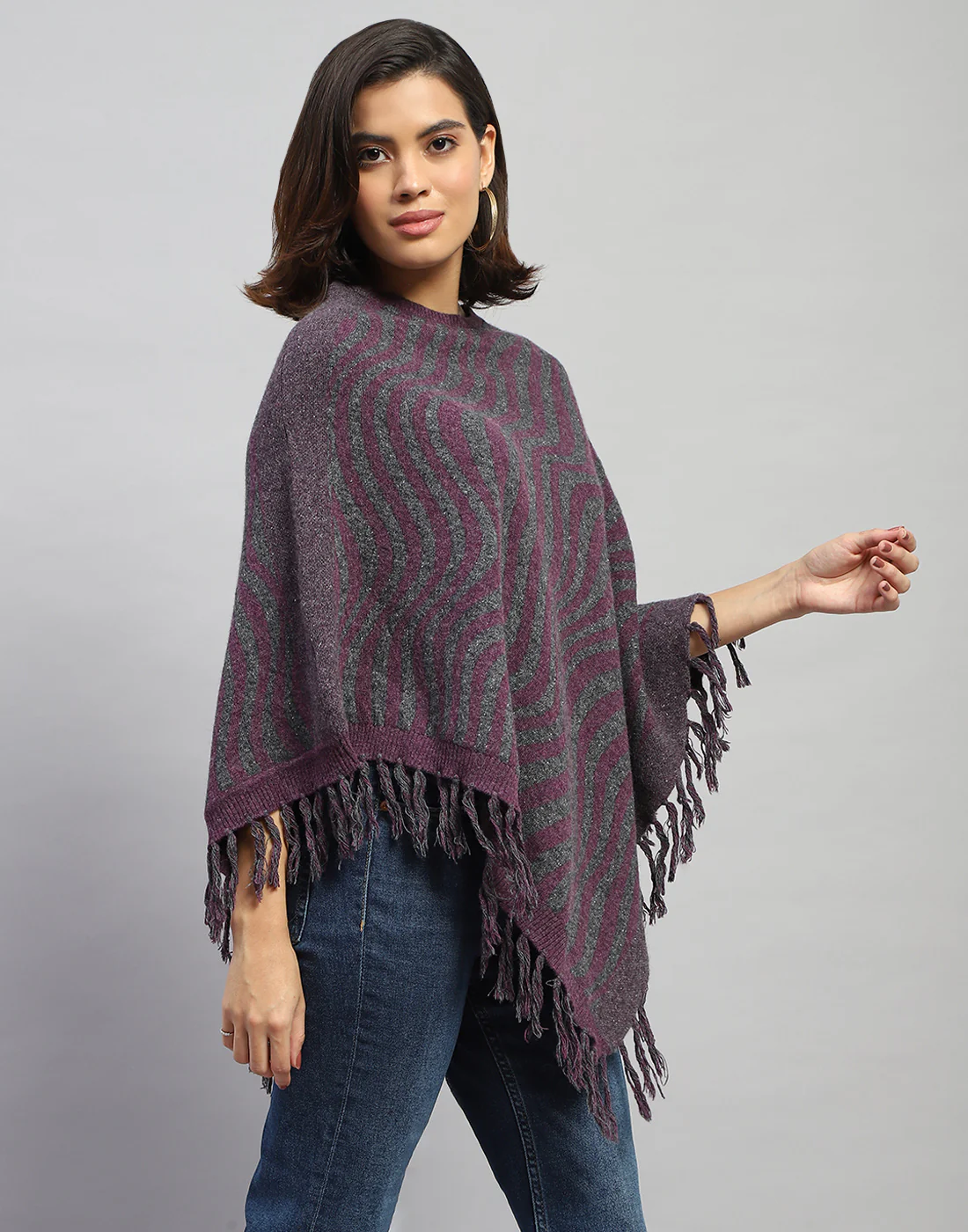 Women Purple Self Design Round Neck Poncho - Image 4
