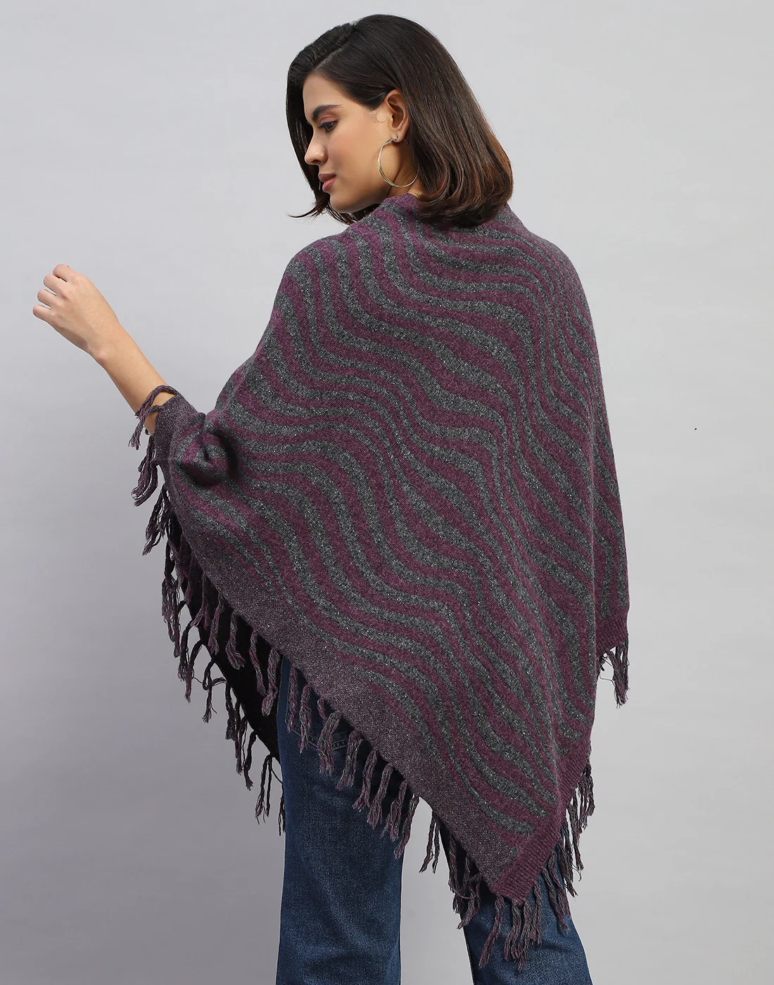 Women Purple Self Design Round Neck Poncho - Image 5