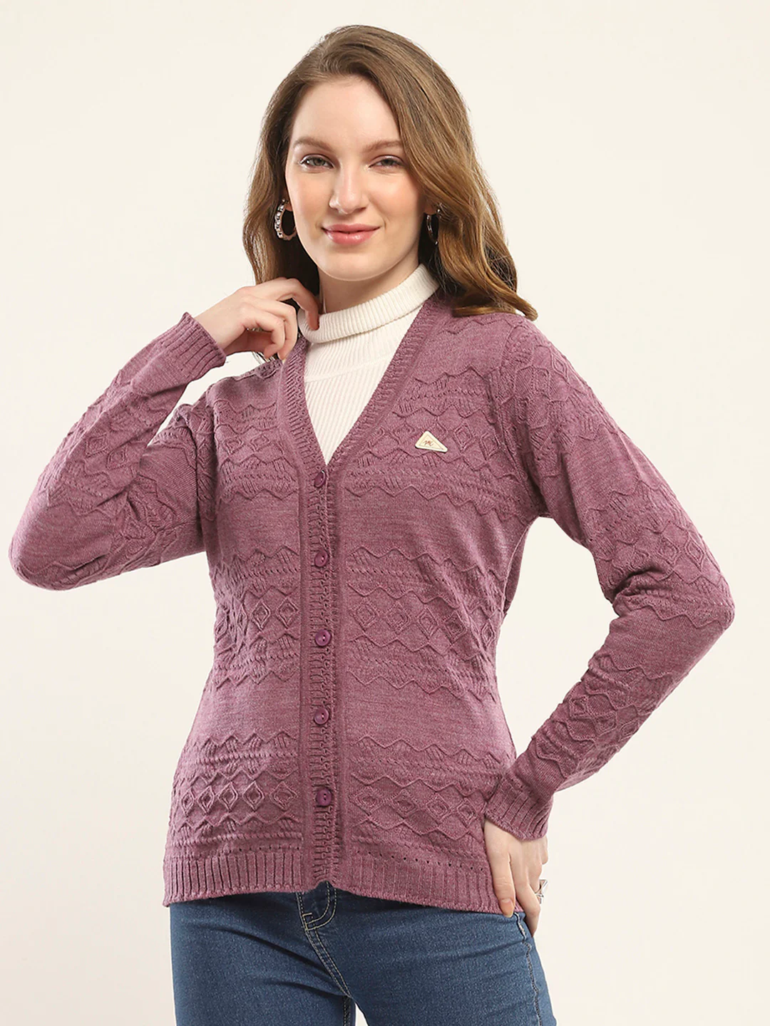 Women Purple Self Design V Neck Full Sleeve Cardigan