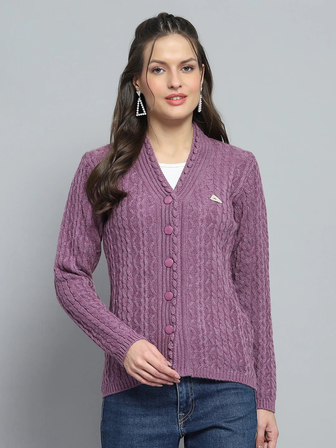 Women Purple Self Design V Neck Full Sleeve Cardigan