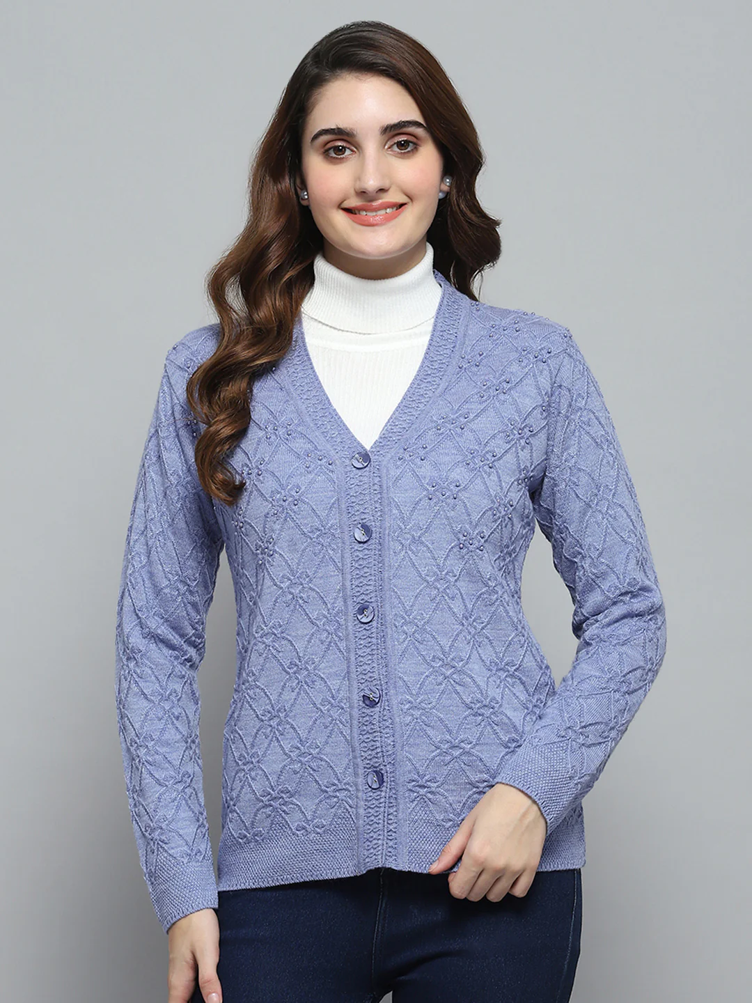 Women Purple Self Design V Neck Full Sleeve Cardigan