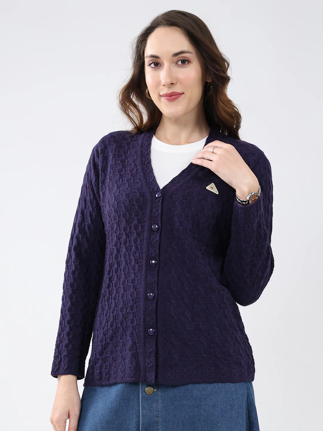 Women Purple Self Design V Neck Full Sleeve Cardigan